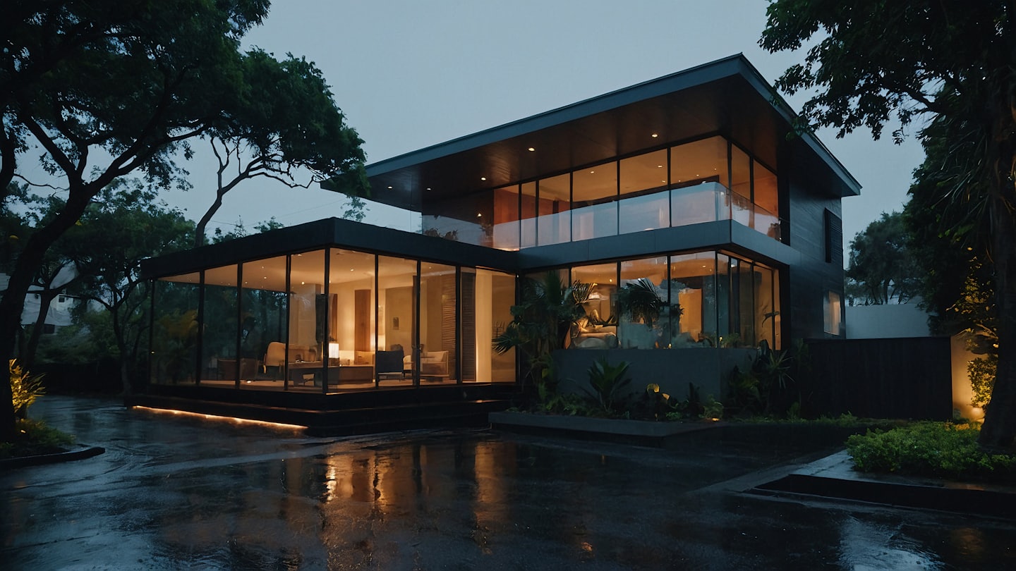 Modern house with glass walls and warm interior lights at dusk.